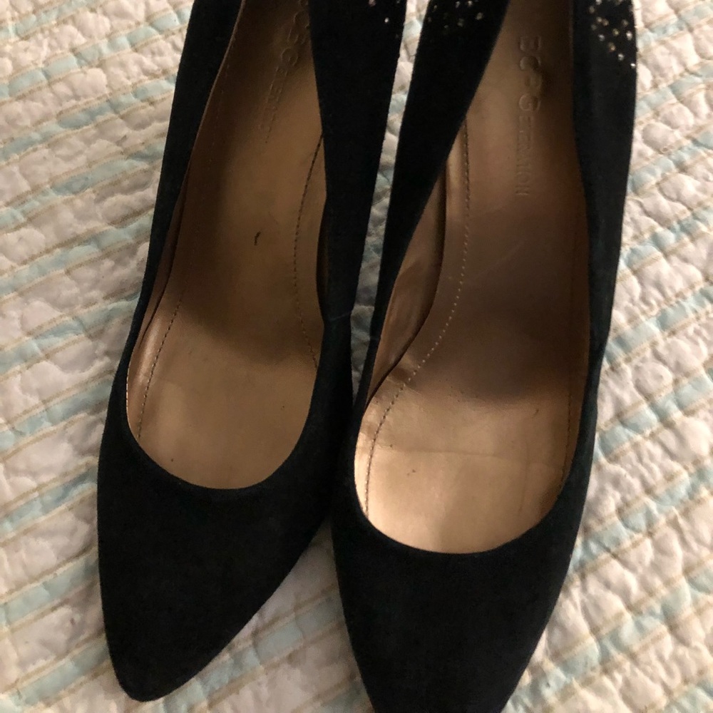 Bcbg black suede wedges with sparkles on the heel